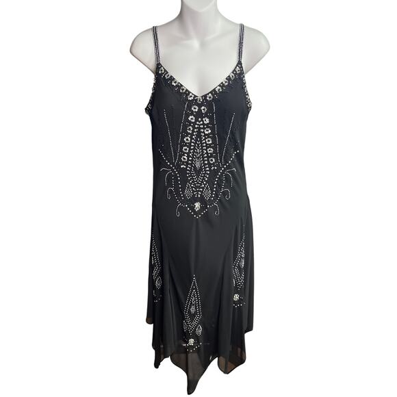 Y2K R&M Richards Black Beaded Handkerchief Hem Sleeveless Dress Sz 12 Goth Fairy - Picture 1 of 7